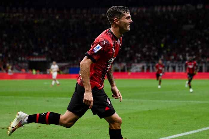 Christian Pulisic pictured celebrating after scoring on his home debut for AC Milan in a 4-1 win over Torino in August 2023